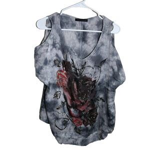 Crash & Burn Blouse Women's Medium Tie Dye Cold Shoulder 100% Silk Y2k Artsy